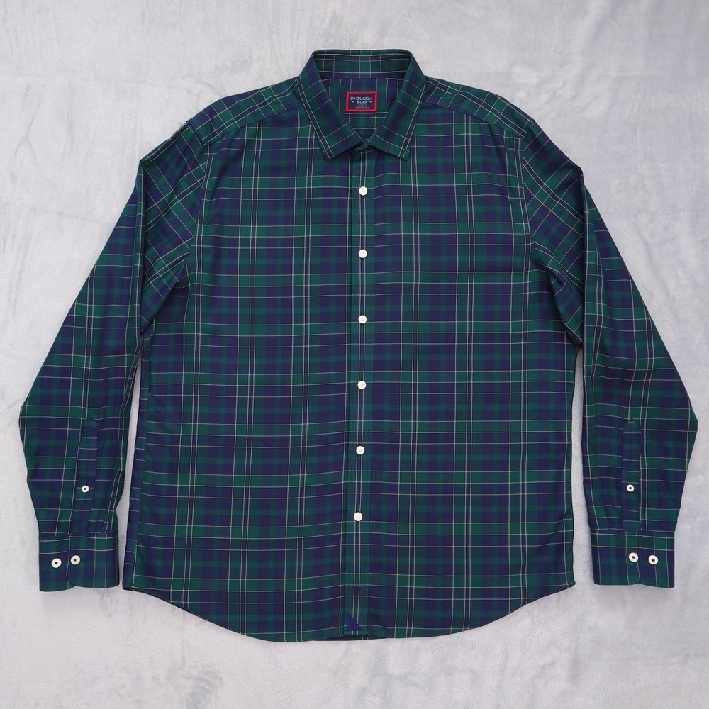 Untuckit Shirt Men's XL Green Blue Tartan Plaid Langon Wrinkle Free Button Up